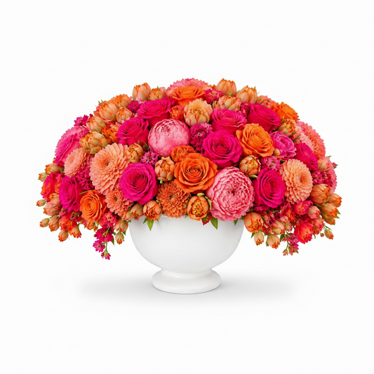 A vibrant, dense floral arrangement featuring a mix of bright pink, orange, and coral roses, ranunculus, and dahlias, presented in a white ceramic urn against a solid white background.
