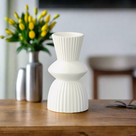 Veridia Ceramic Round Vase with Trumpet Mouth and Debossed Line Column Design