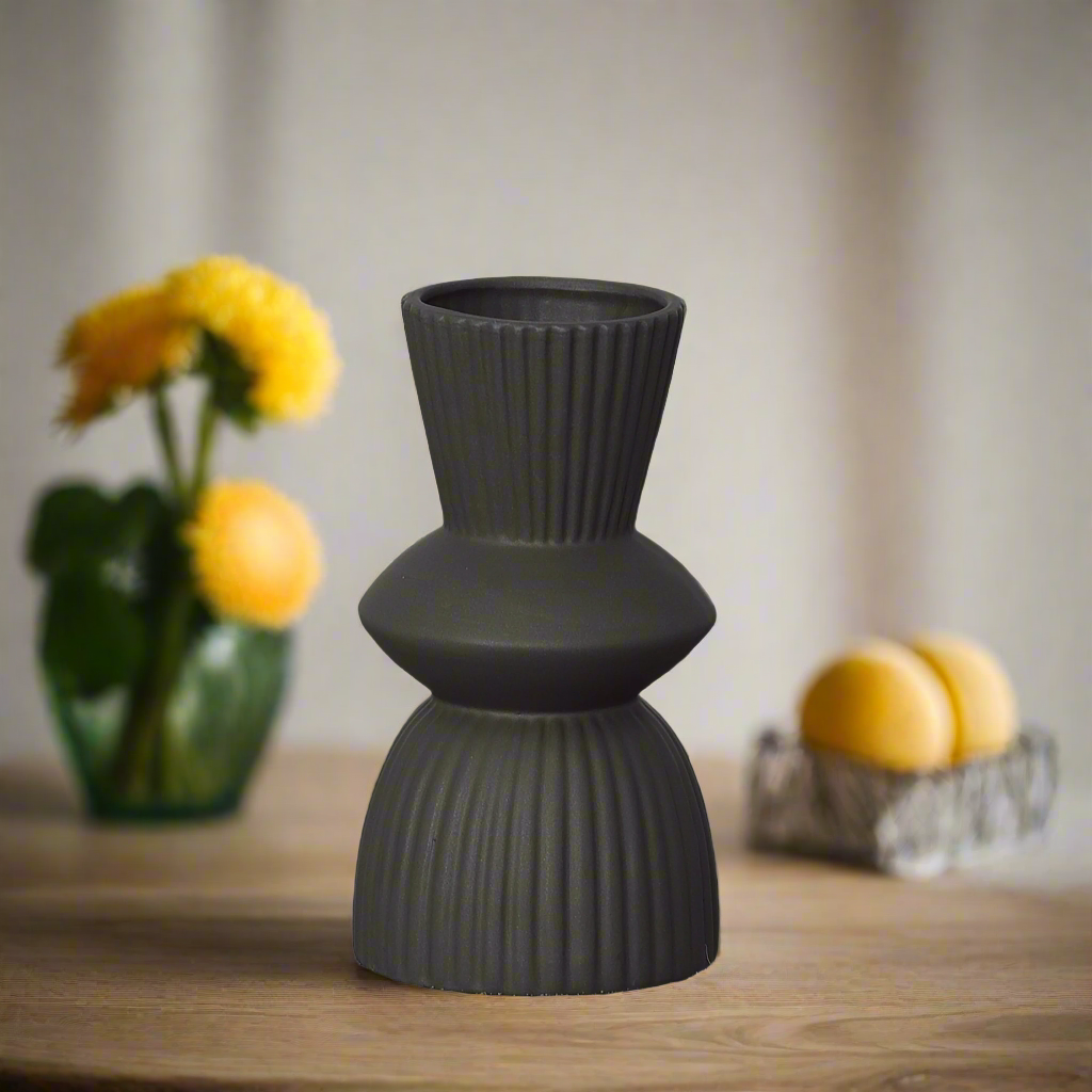 Veridia Ceramic Round Vase with Trumpet Mouth and Debossed Line Column Design