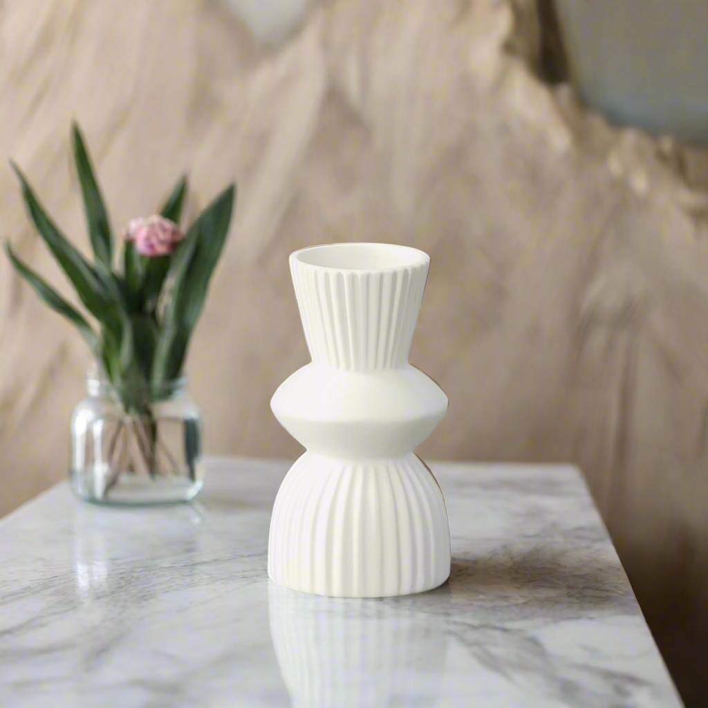 Veridia Ceramic Round Vase with Trumpet Mouth and Debossed Line Column Design