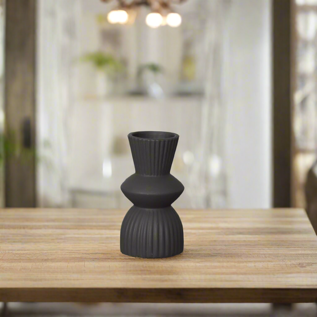 Veridia Ceramic Round Vase with Trumpet Mouth and Debossed Line Column Design