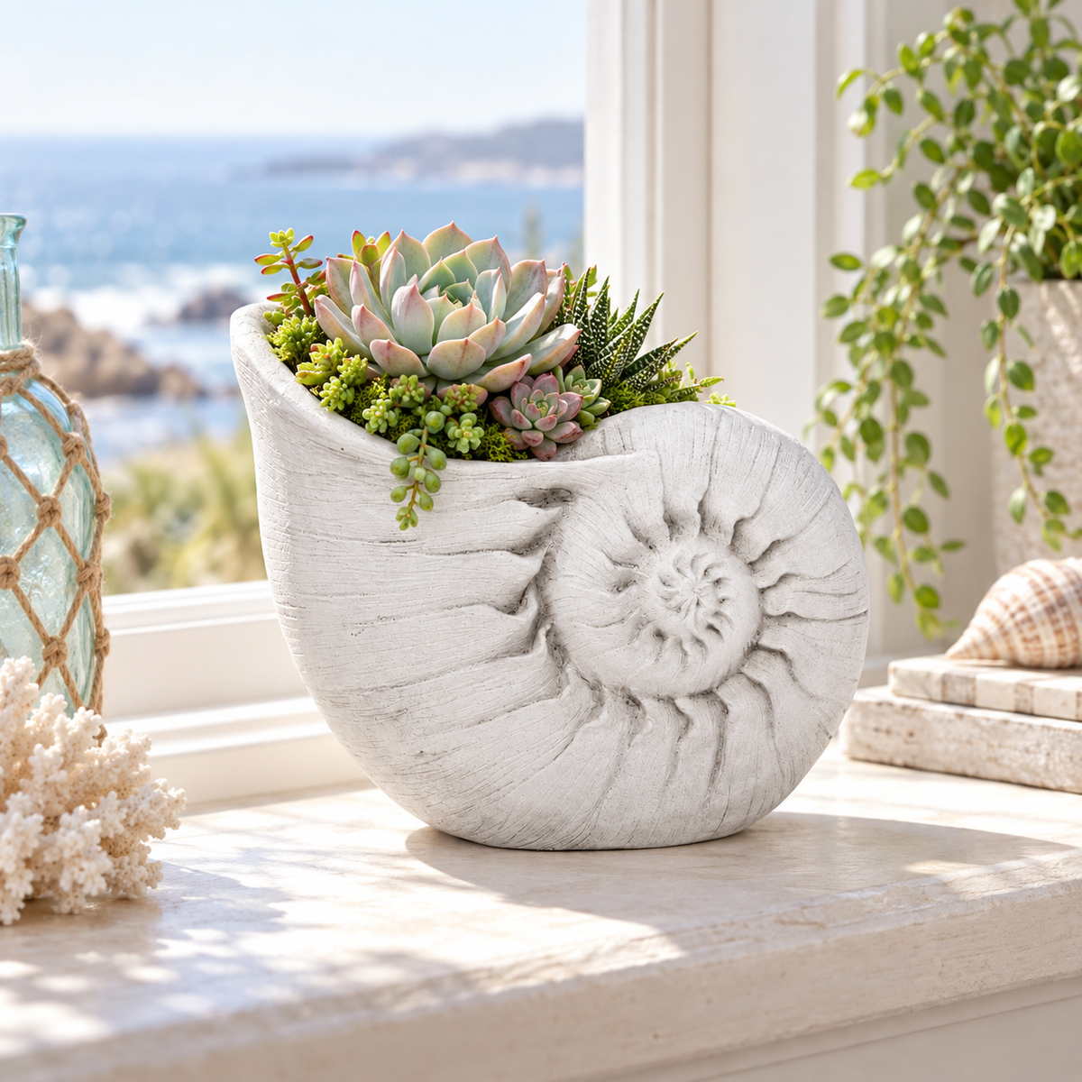A white seashell-shaped planter filled with succulents and small green plants, displayed on a windowsill with a coastal ocean view in the background.