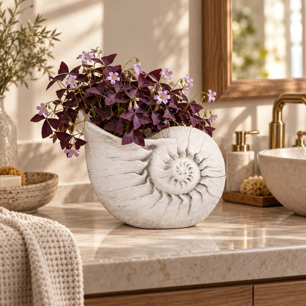 A white textured nautilus shell planter filled with dark purple and light purple flowers, styled on a beige marble bathroom counter.
