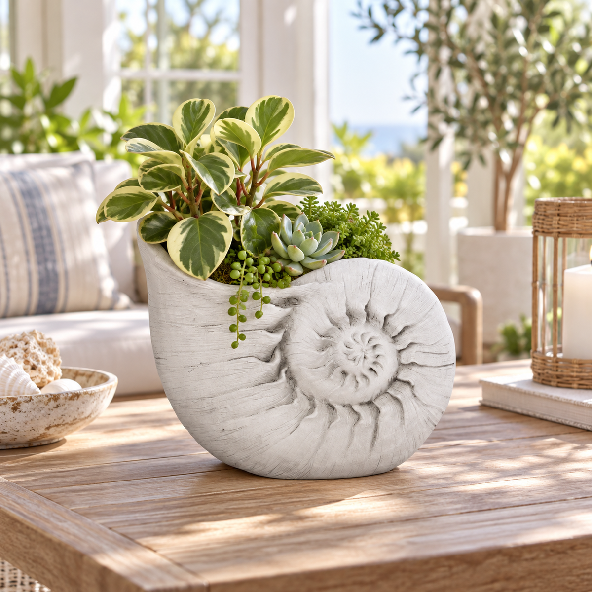 A white shell-shaped planter with a carved nautilus spiral design, filled with green succulents and variegated houseplants, styled on a wooden table in a bright, sunlit living room.