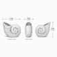 Three white shell-shaped decor pieces shown from front, side, and back views on a white background, with dimension lines and labels indicating width 11.50 inches, depth 6.