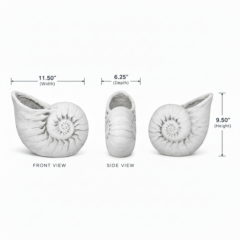Three white shell-shaped decor pieces shown from front, side, and back views on a white background, with dimension lines and labels indicating width 11.50 inches, depth 6.