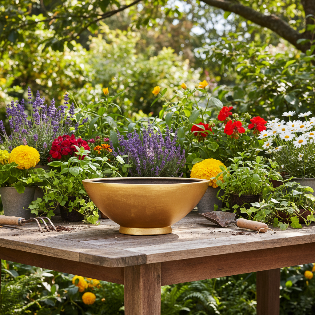 Daisy Polystone Gold Leaf Boat Planter