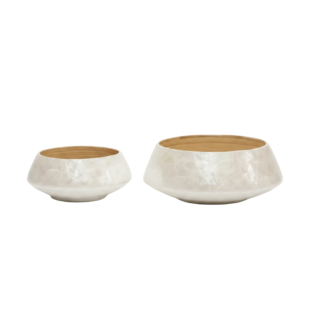 Two shallow round bowls with a textured off-white exterior and a light natural wood interior, shown on a plain white background.