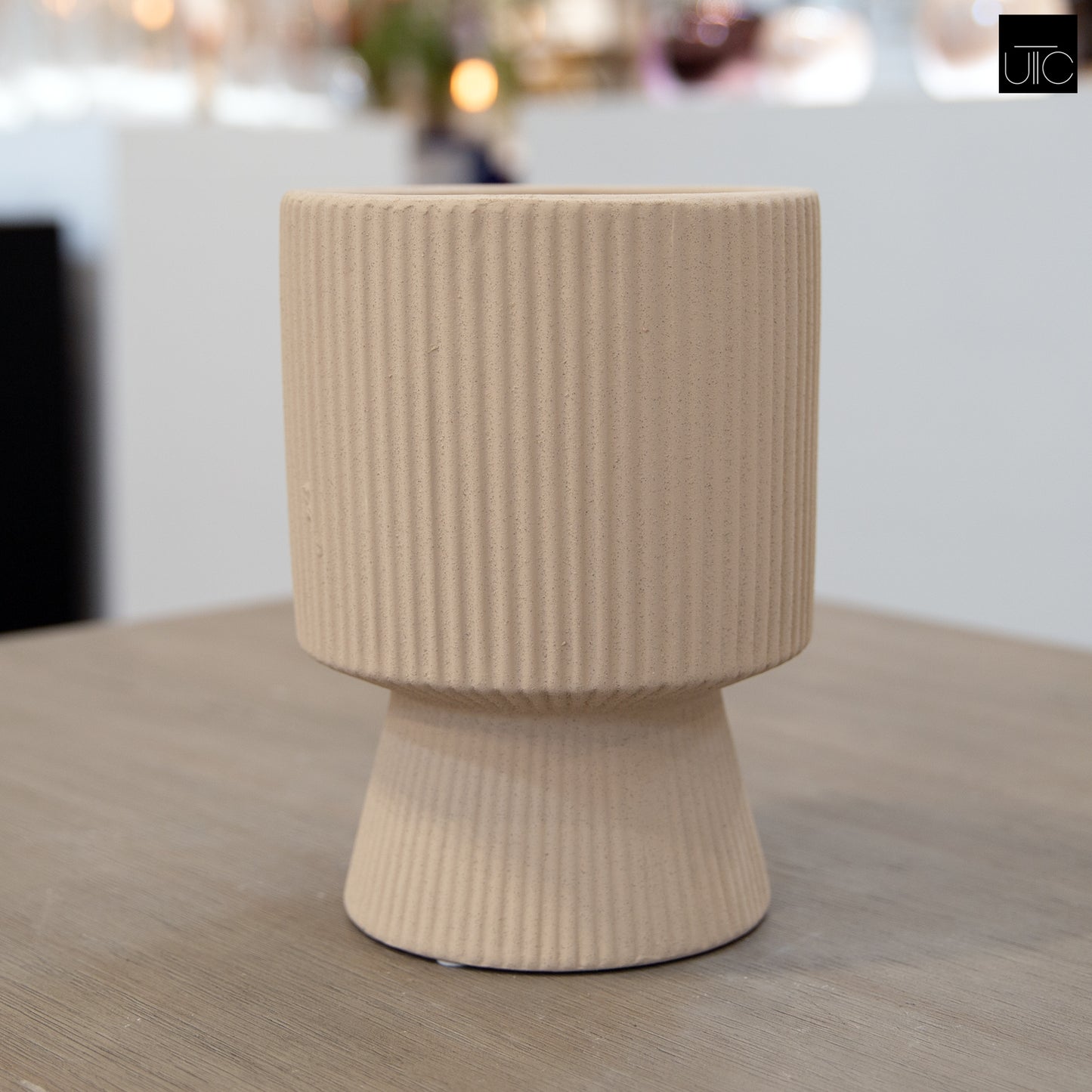 Oksana Ribbed Stoneware Vase with Tapered Pedestal Base
