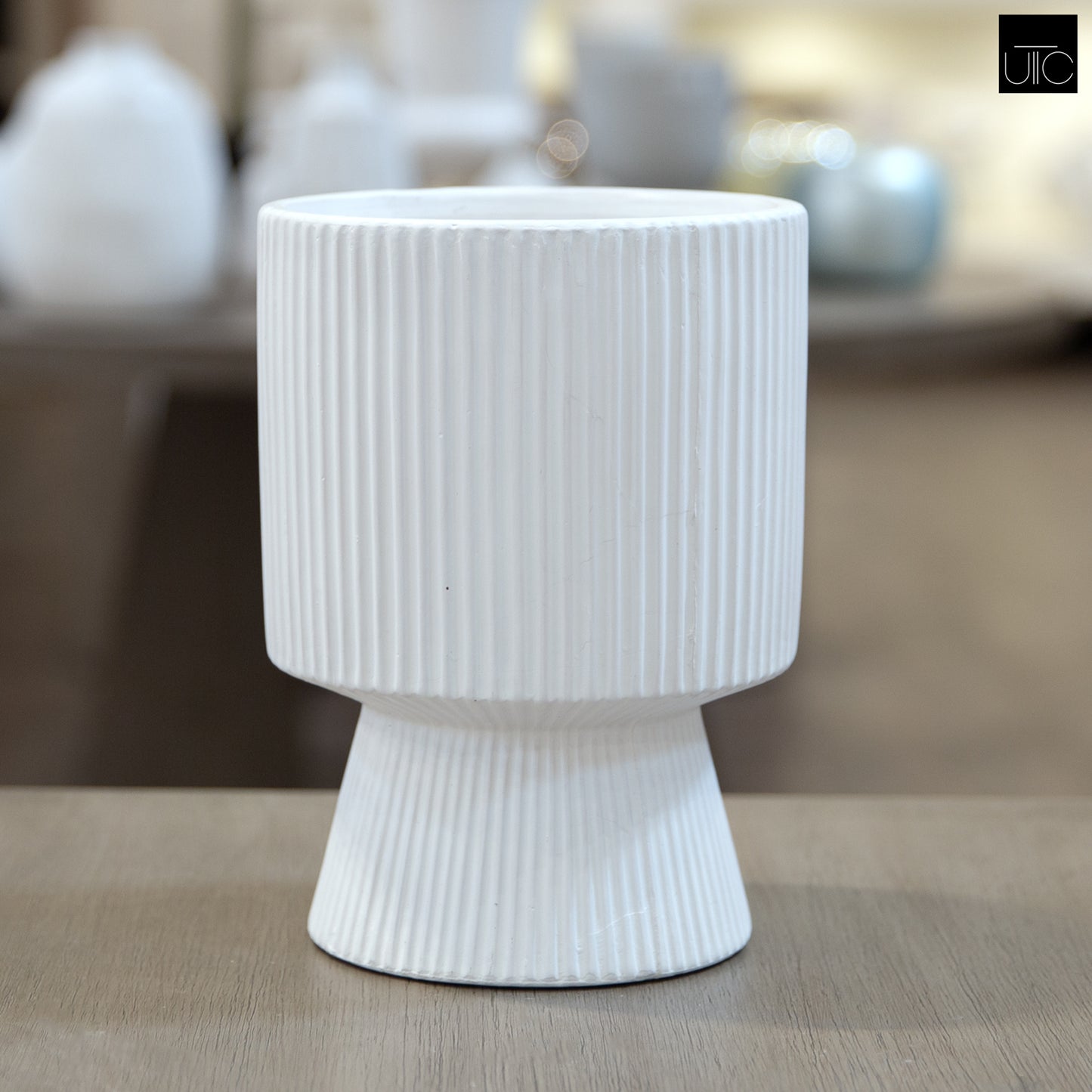Oksana Ribbed Stoneware Vase with Tapered Pedestal Base