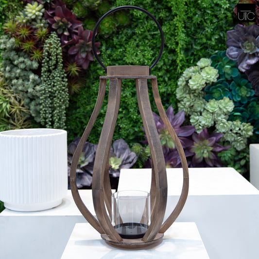 Malen Bellied Wood Lantern With Ring Handle