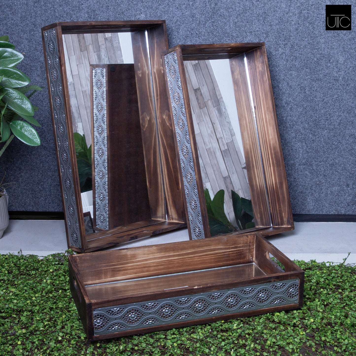 Wood Tray Stained Wood Finish Brown 3.5"H