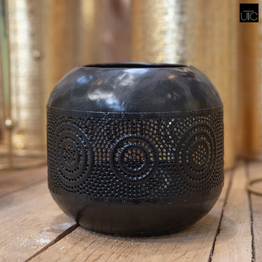 Olea Metal Round Candle Holder with Banded Pinhole Pattern
