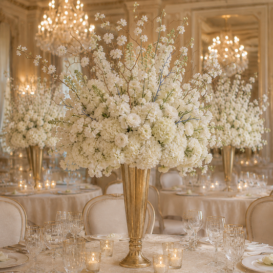 A large white floral centerpiece arrangement in a tall gold vase on a formal dining table, with chandeliers and mirrored walls in the background.