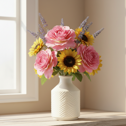 A white textured ceramic vase holding a colorful floral arrangement with pink roses, yellow sunflowers, and lavender sprigs, placed on a light wood shelf in a softly lit room.