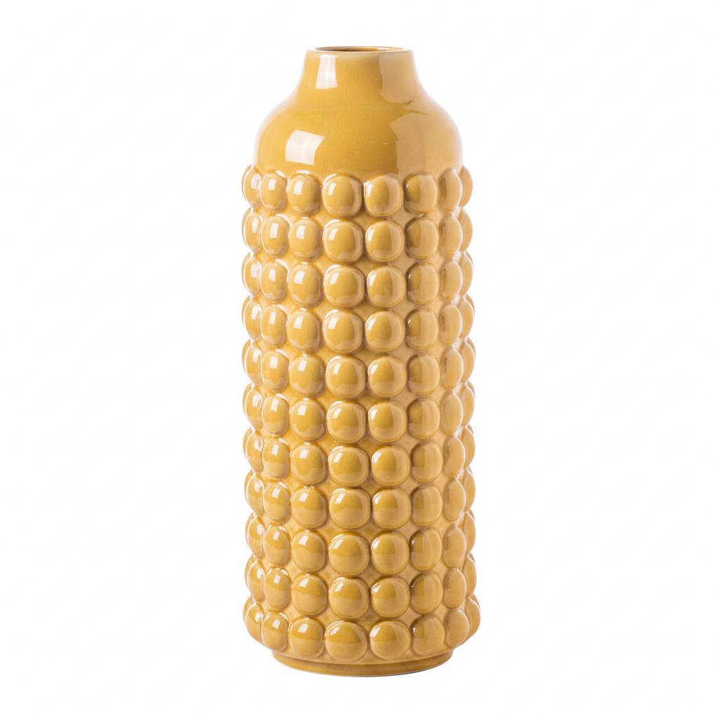 A glossy ceramic vase with a textured, beaded cob-of-bacon-like pattern, in a warm mustard yellow color, isolated on a white background.