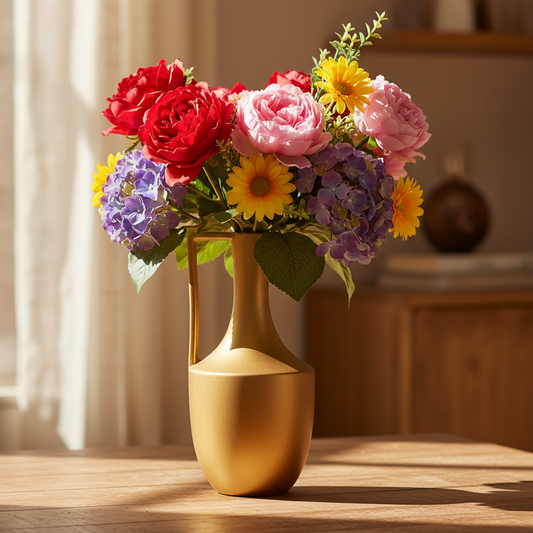 A gold ceramic vase filled with a colorful bouquet of artificial flowers, including red and pink roses, purple hydrangeas, yellow daisies, and green leaves, set on a wooden table in a warm, softly lit room.
