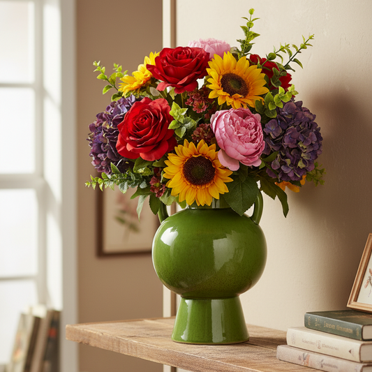 A vibrant artificial flower bouquet in a glossy green pedestal vase, displayed on a wooden shelf in a warm, neutral-toned room.