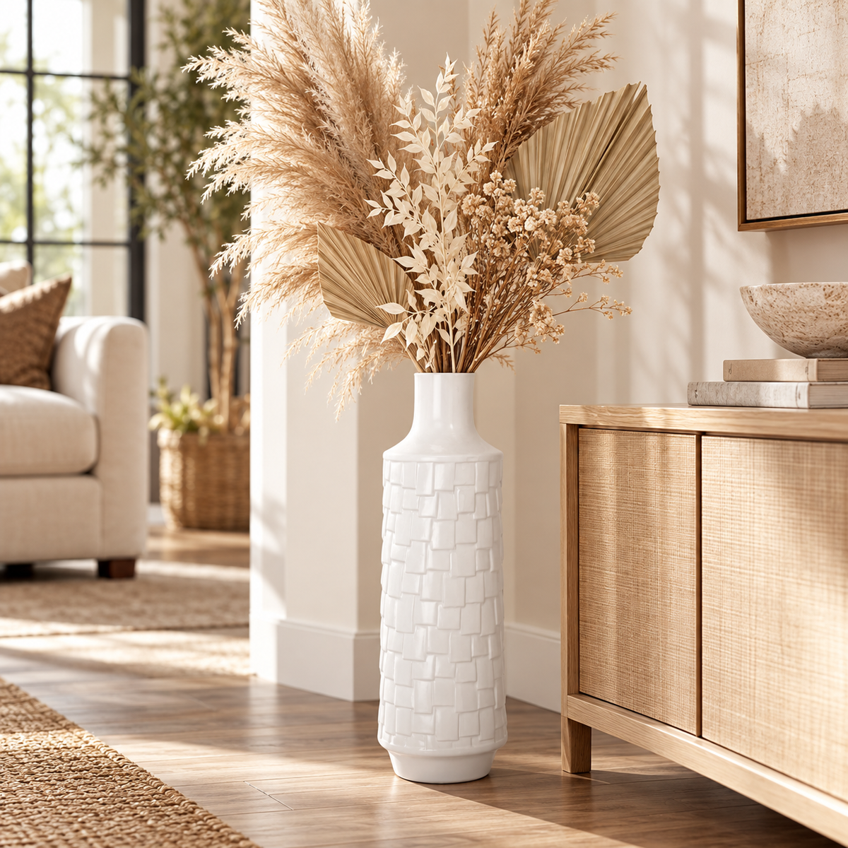 A tall white textured ceramic vase filled with beige dried grasses and palm leaves, placed in a bright, modern living room next to a light wood cabinet.