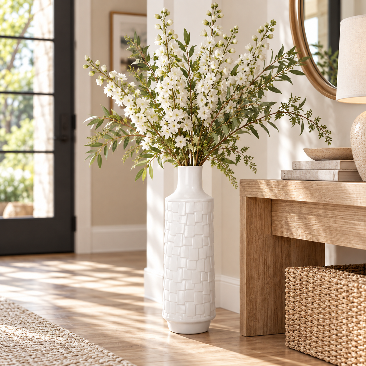 A tall white textured ceramic vase filled with white blossoms and green foliage, styled on a light wood floor next to a wooden console table in a bright, modern room.