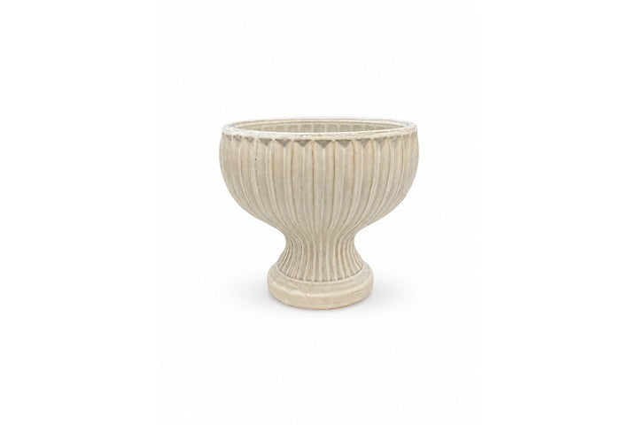 Hourglass Pedestal Urn Ceramic Flower Pot With Vertical Fluting and Weathered Antiqued Finish