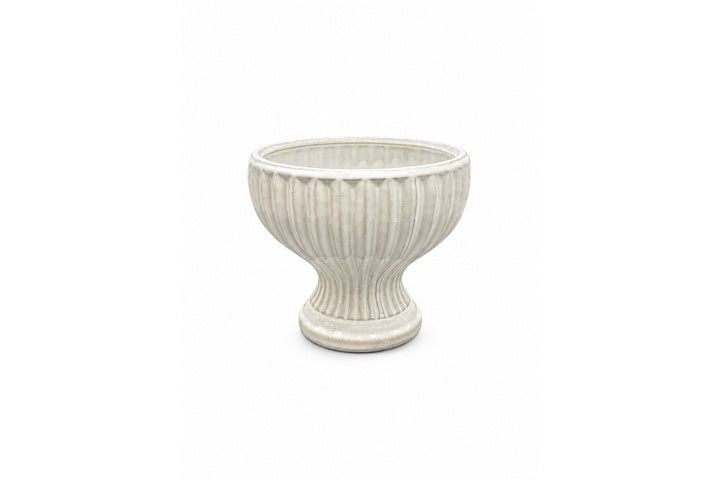 Hourglass Pedestal Urn Ceramic Flower Pot With Vertical Fluting and Weathered Antiqued Finish