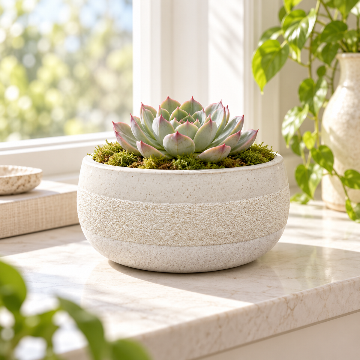 A round textured ceramic planter in a warm off-white tone, filled with green moss and a pink-edged succulent, sitting on a marble windowsill with natural light.