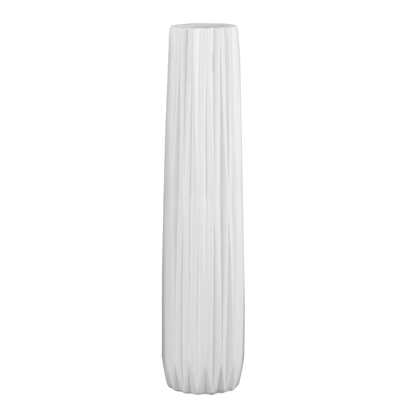 A matte finish white ceramic vase with a ribbed design body and a round lip.