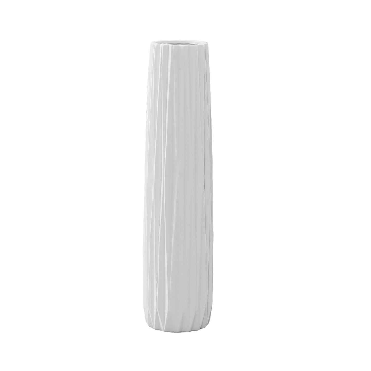 A matte finish white ceramic vase with a ribbed design body and a round lip.
