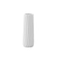 A matte finish white ceramic vase with a ribbed design body and a round lip.