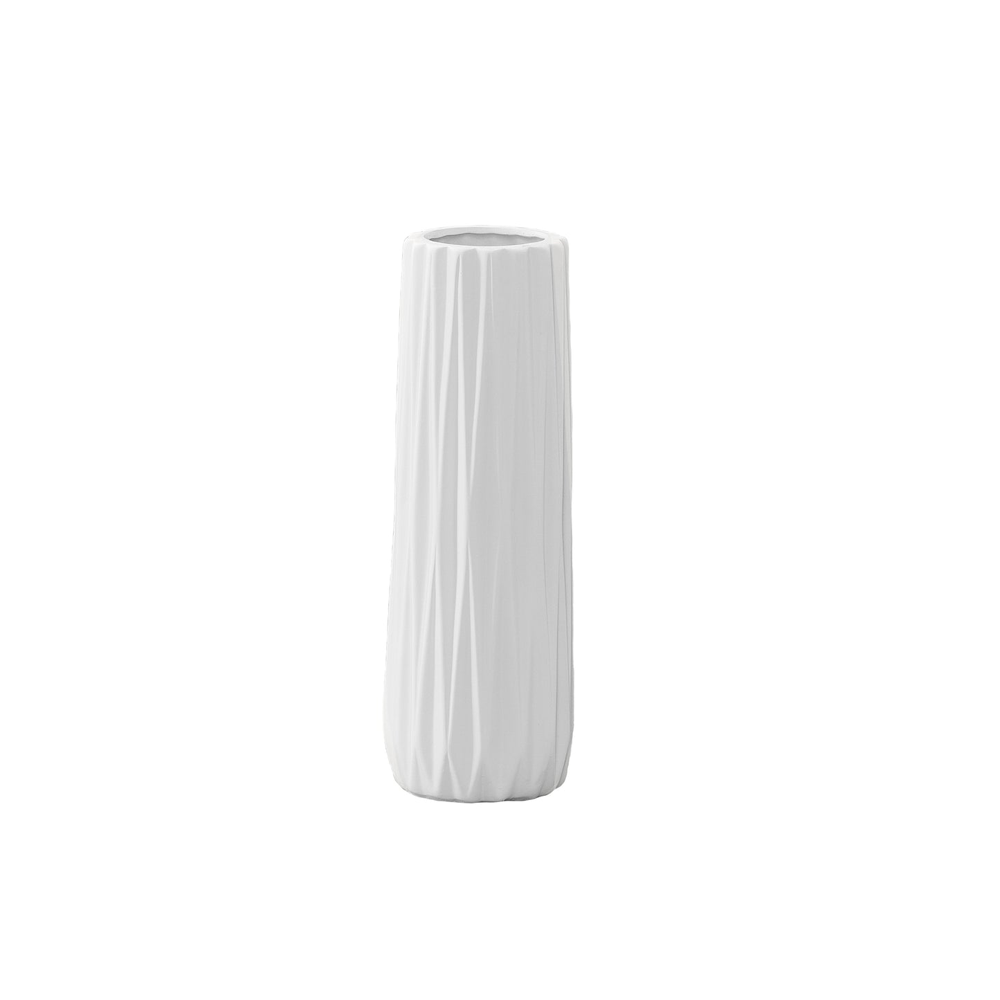 A matte finish white ceramic vase with a ribbed design body and a round lip.