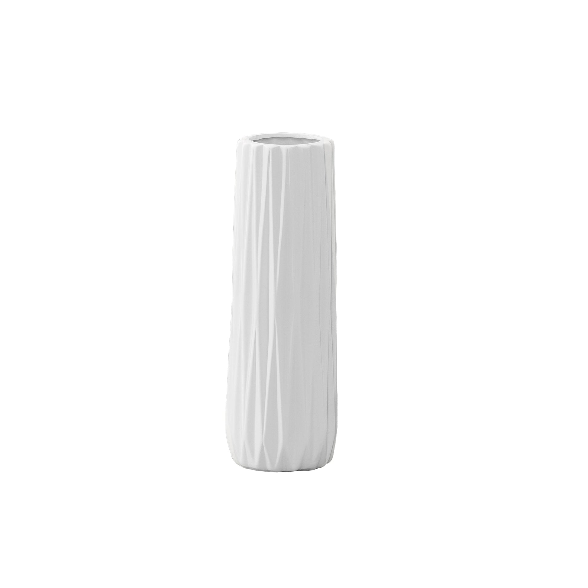 A matte finish white ceramic vase with a ribbed design body and a round lip.