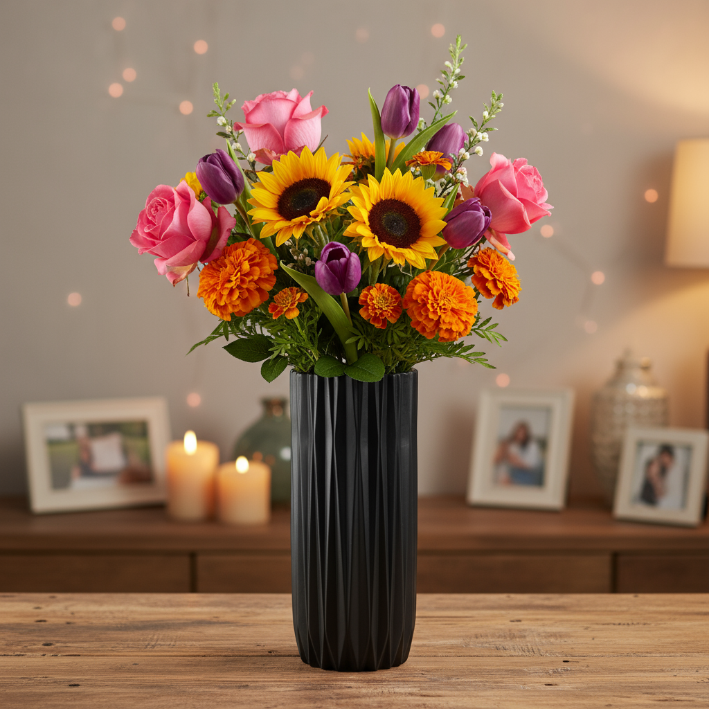 Kitte Ceramic Elongated Round Vase with Ribbed Design Body