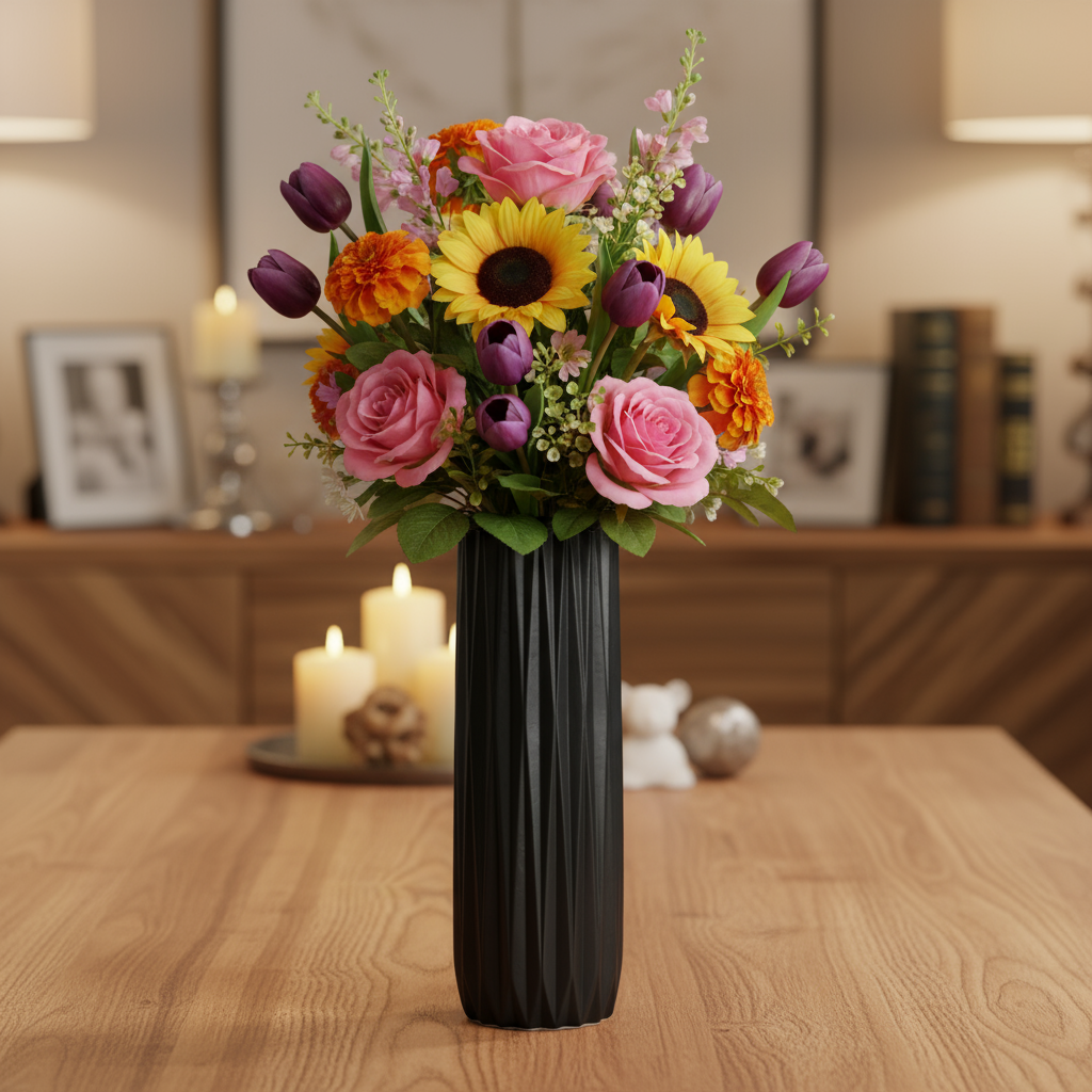 Kitte Ceramic Elongated Round Vase with Ribbed Design Body