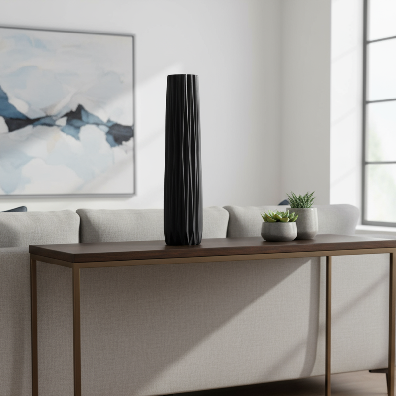 Kitte Ceramic Elongated Round Vase with Ribbed Design Body