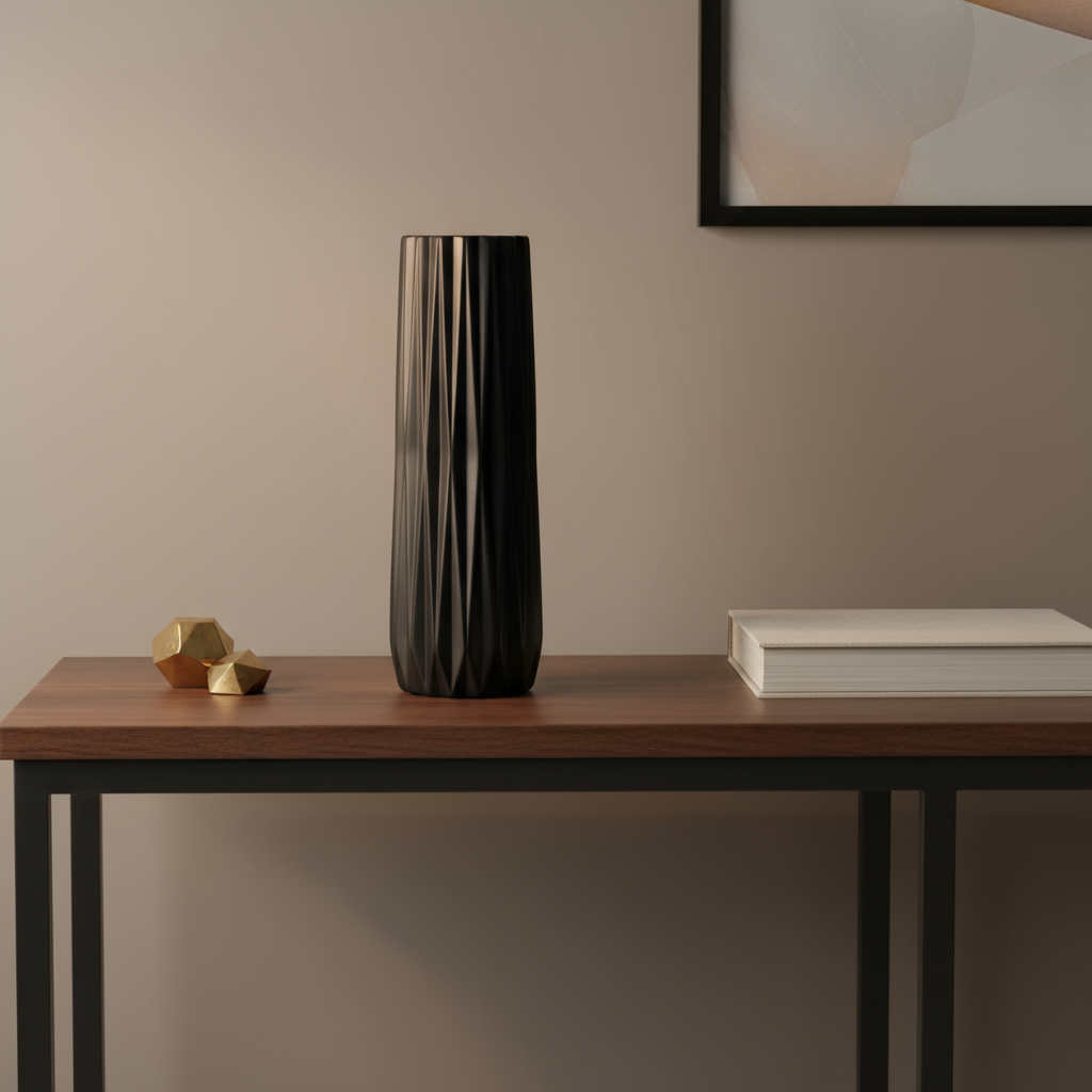 Kitte Ceramic Elongated Round Vase with Ribbed Design Body