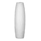 A tall, white ceramic vase with a smooth finish and horizontal wave pattern.