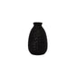 A black ceramic vase with a textured surface on a white background.