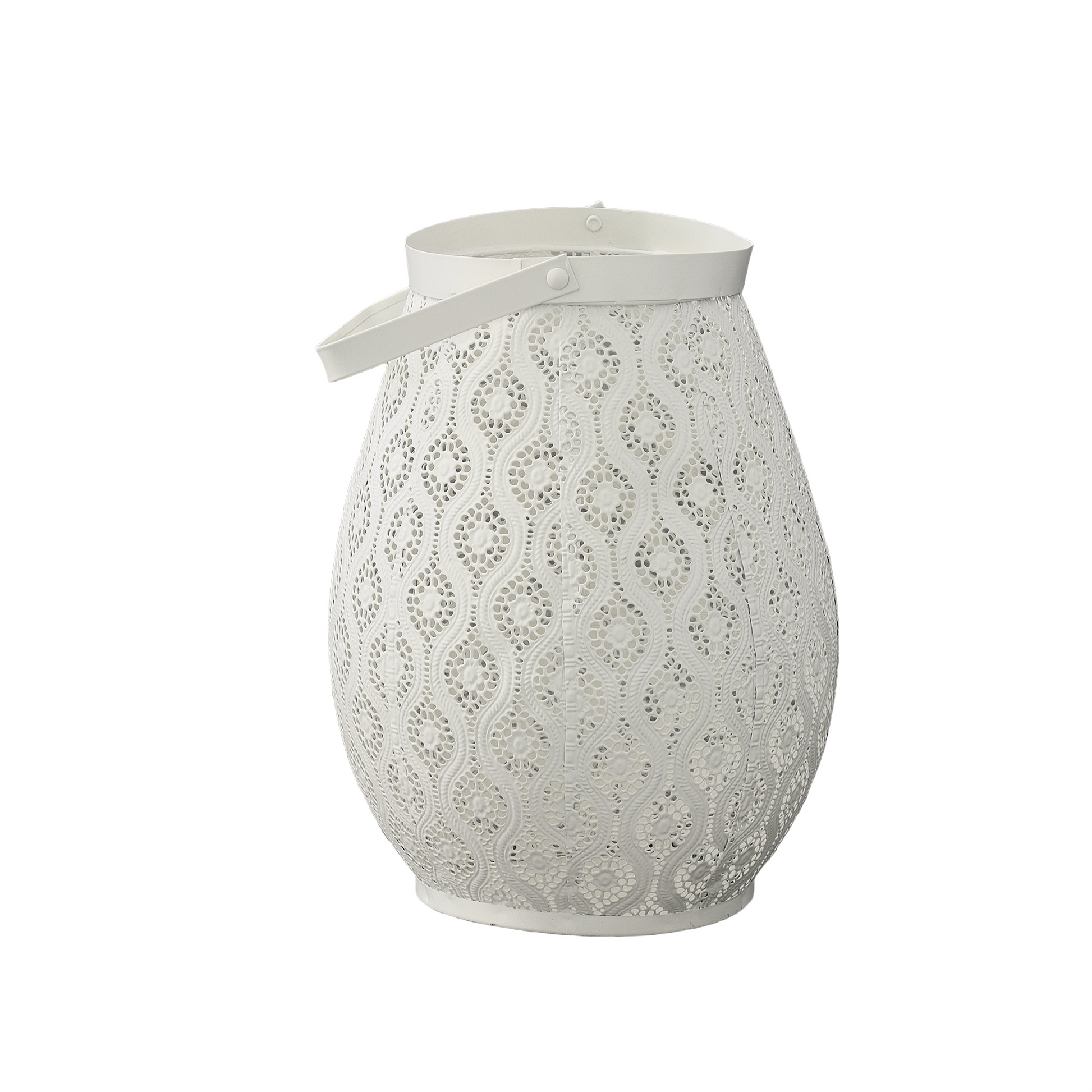White decorative lantern with lace-like pattern on a white background