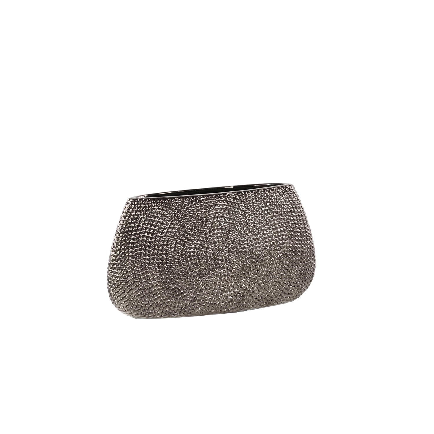 Silver clutch bag with textured surface on a white background