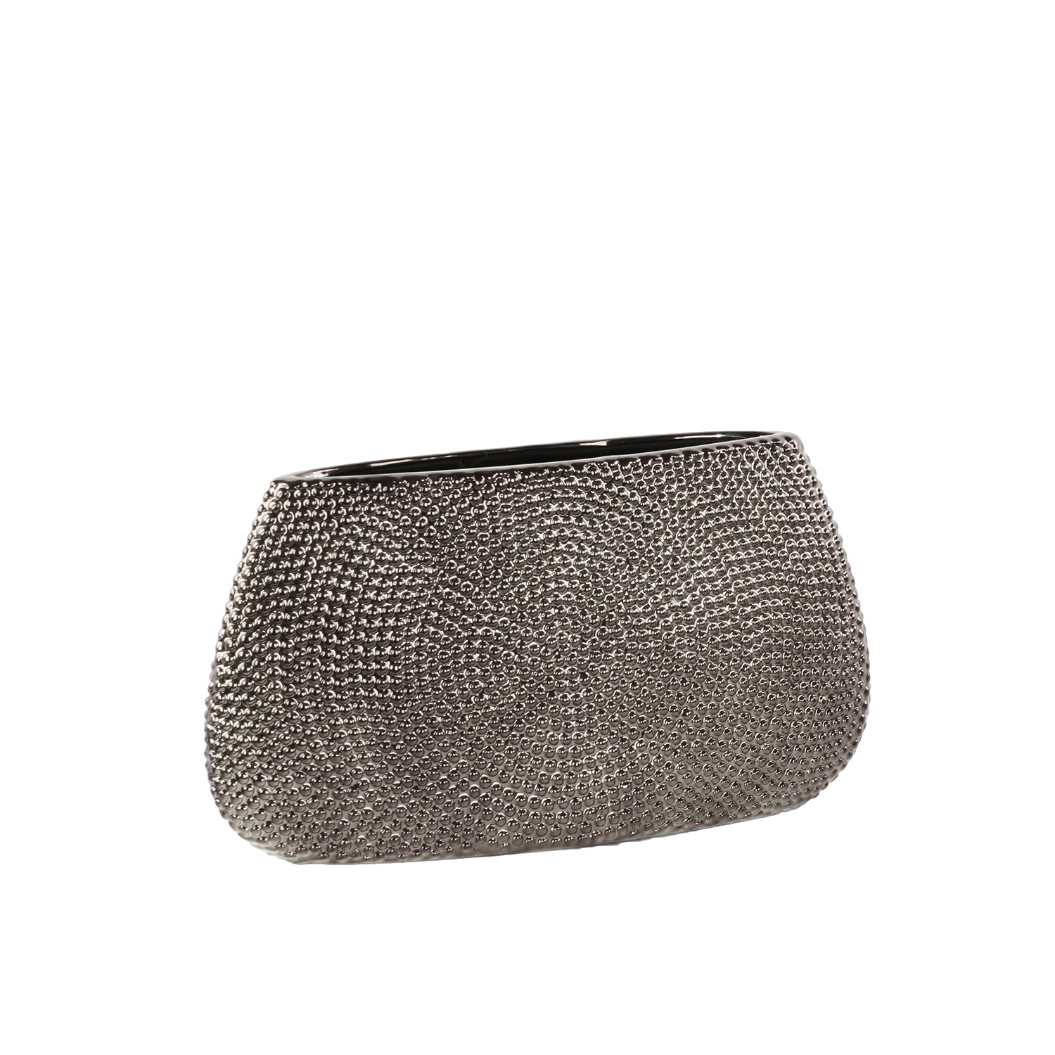 Silver clutch bag with textured surface on a white background