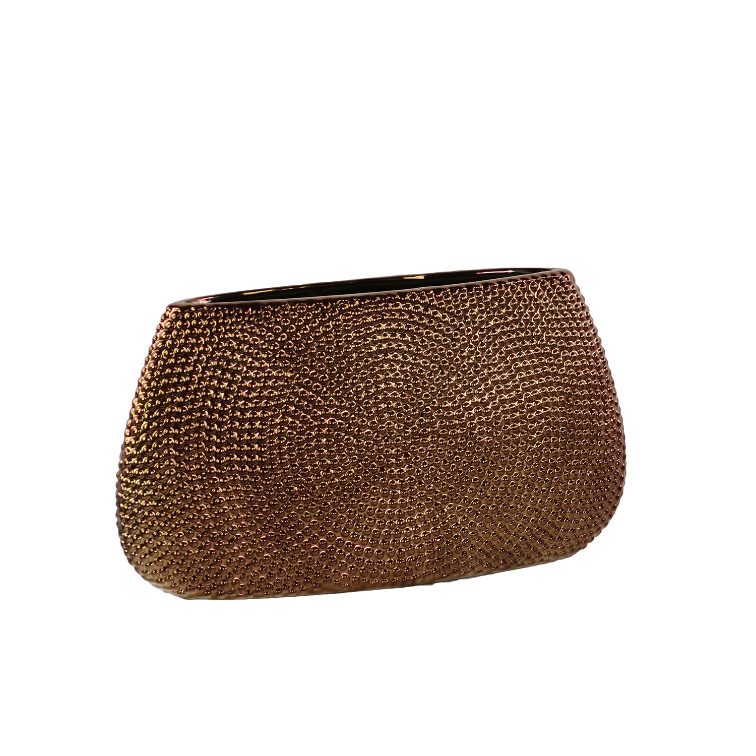 Bronze mesh clutch bag on a white background