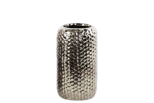 Ceramic Cylindrical Vase Polished Chrome Finish Silver-11.00"H