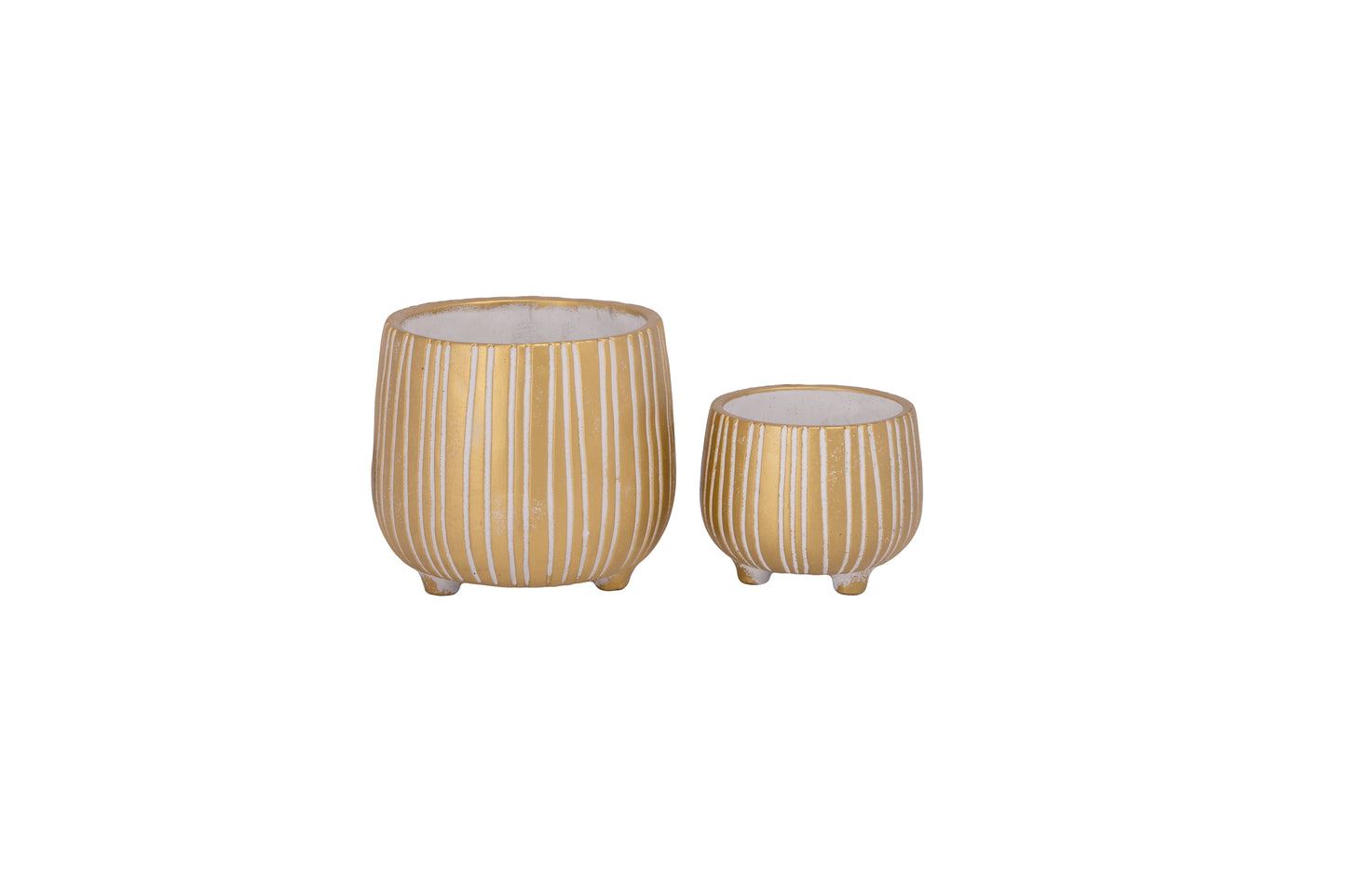Set of Two Cement Round Pots with Debossed Vertical Line Pattern and Distressed Finish