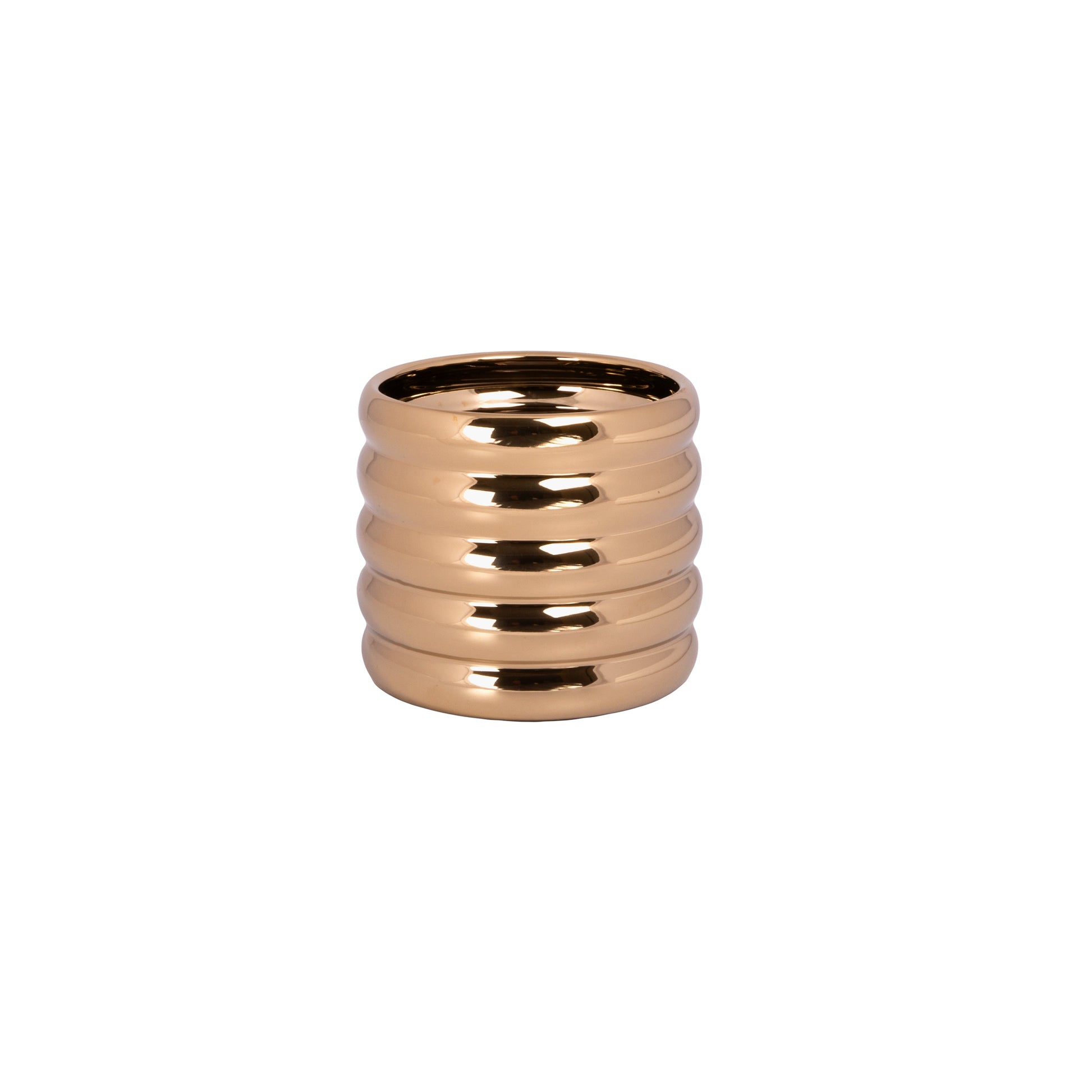 A cylindrical stoneware ceramic ring pot with a glossy gold finish.