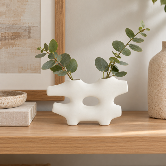 A white ceramic double-vase planter with an abstract, organic shape sits on a wooden shelf, holding green eucalyptus branches. The background features a warm-toned neutral wall, a framed print, and a textured beige ceramic vase.
