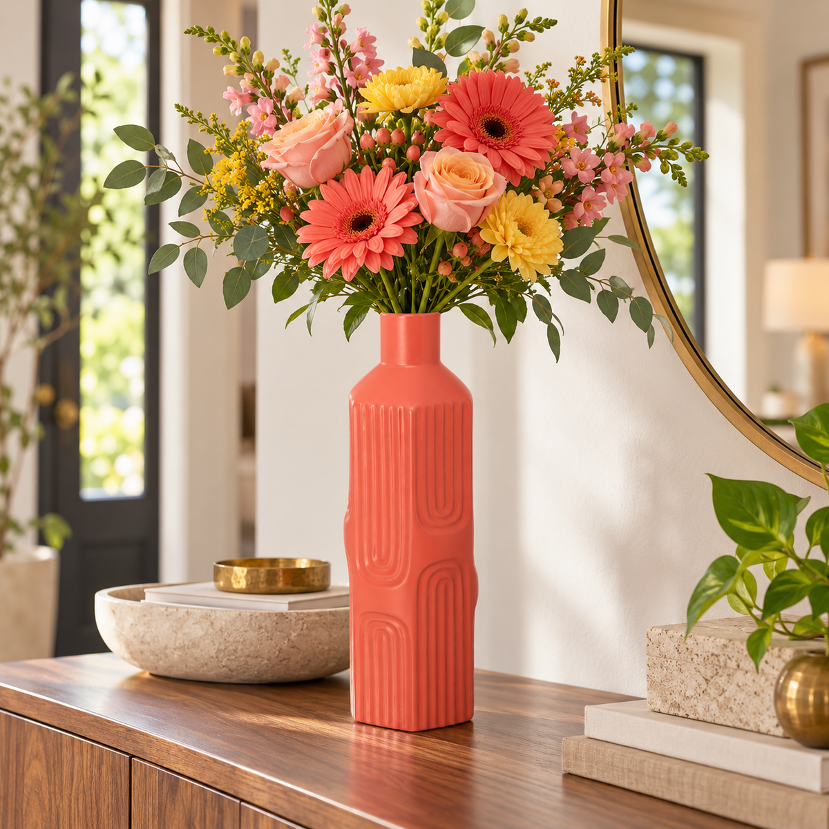 A tall ribbed coral-orange ceramic vase filled with a colorful floral arrangement, displayed on a wooden console table in a bright, modern room.