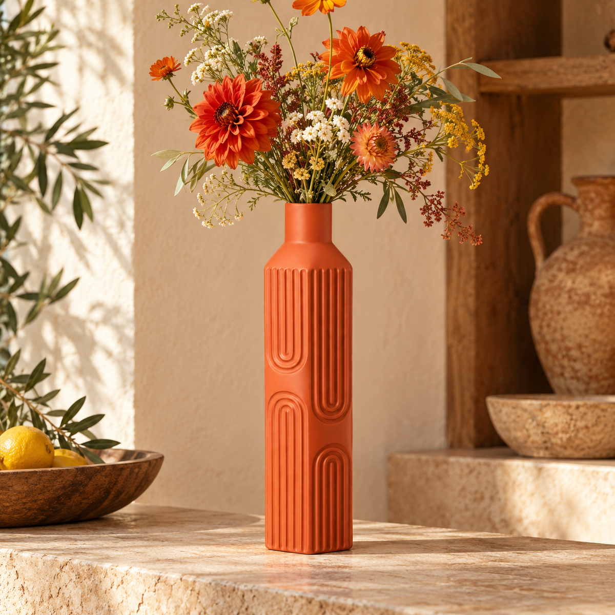 An orange terracotta ribbed ceramic vase filled with a colorful autumnal flower arrangement, displayed on a stone ledge in a warm, rustic interior setting.