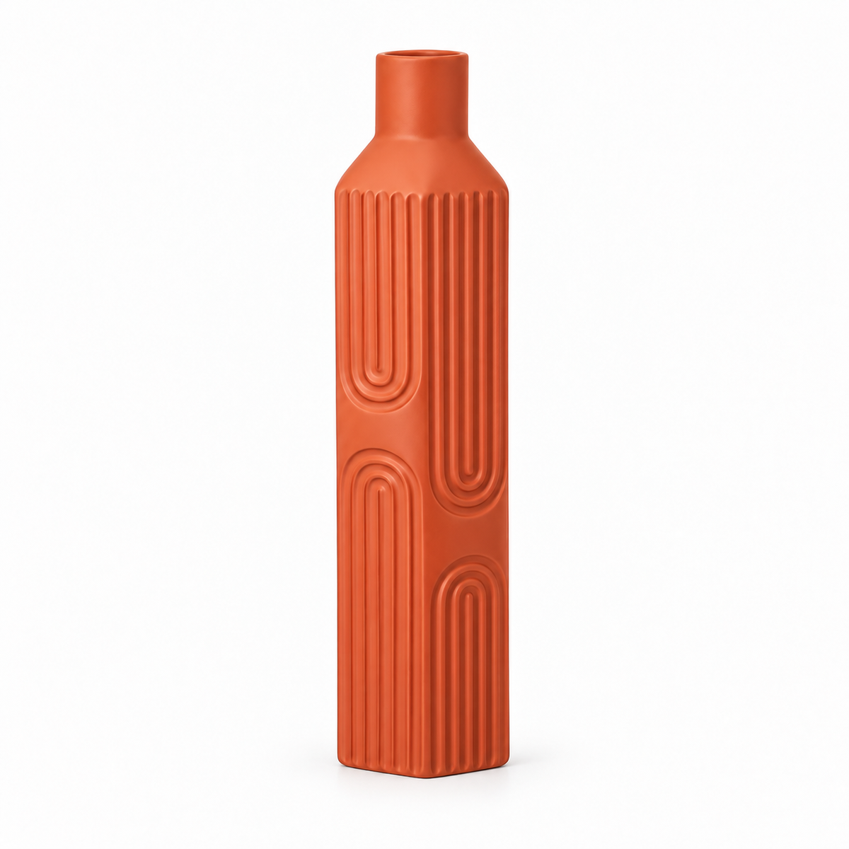 An orange terracotta-colored ceramic vase with a ribbed texture and embossed geometric wave patterns, shown on a clean white background.