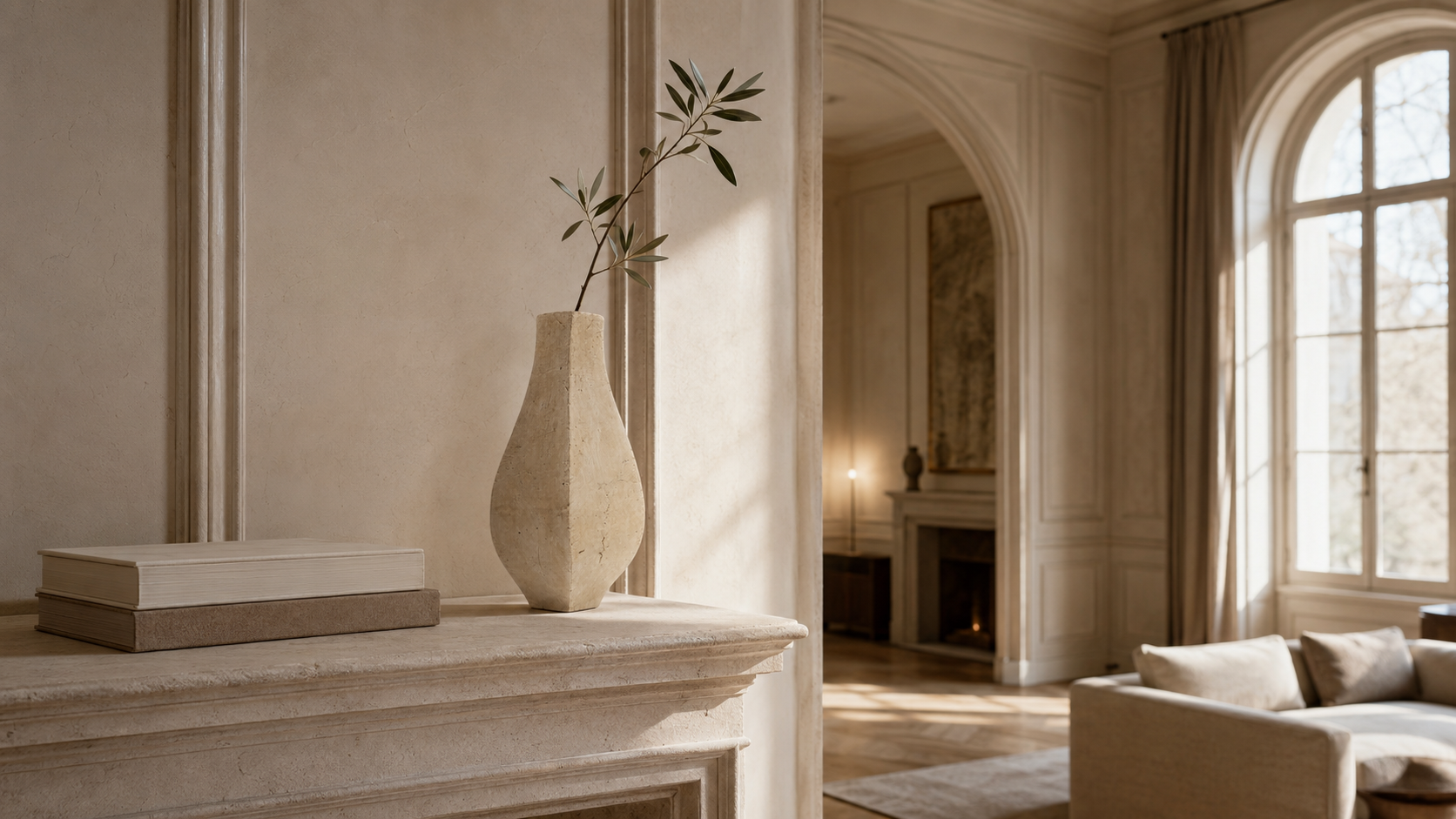 A minimalist beige ceramic vase with a single leafy sprig, displayed on a stone fireplace mantel in a warm, elegant room with an arched doorway and a sofa in the background.